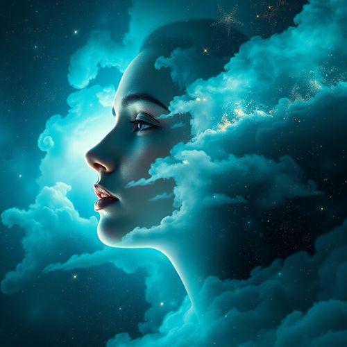 A surreal double exposure cosmic portrait with Qwen prompt