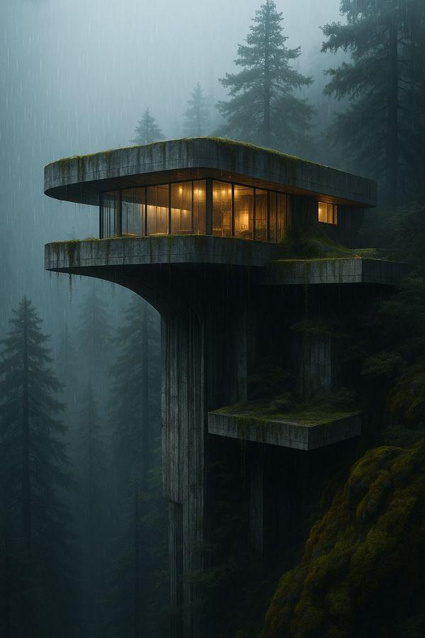 A futuristic brutalist-style concrete house with AI prompt in Chatgpt 