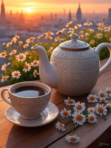 Sunset Serenity prompt: Teapot and Coffee with Chamomiles in AI prompt 