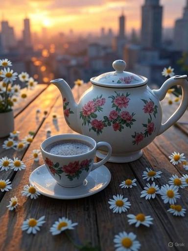 Sunset Serenity prompt: Teapot and Coffee with Chamomiles in AI prompt 