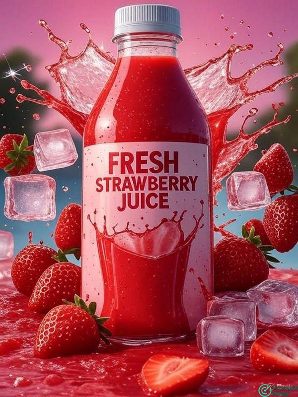 Vibrant Strawberry Juice Ad Image - Fresh Strawberry Juice Bottle Design with Grok prompt 