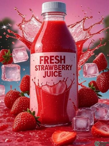 Vibrant Strawberry Juice Ad Image - Fresh Strawberry Juice Bottle Design with Grok prompt 