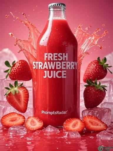 Vibrant Strawberry Juice Ad Image - Fresh Strawberry Juice Bottle Design with Grok prompt 