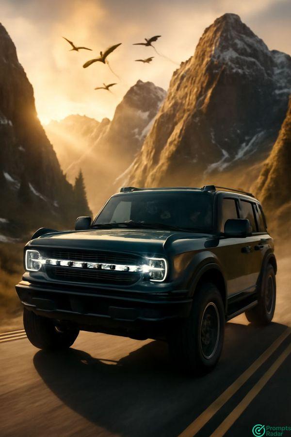 Cinematic shot of a 2025 Ford Bronco SUV with a Perplexity AI prompt 