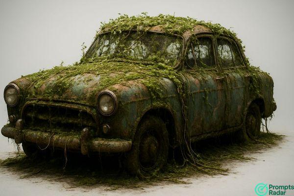 Create a hyper-realistic abandoned vintage car 🚗 in an advance prompt 
