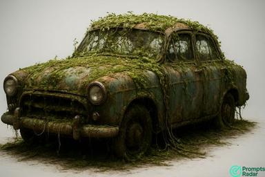 Create a hyper-realistic abandoned vintage car 🚗 in an advance prompt 