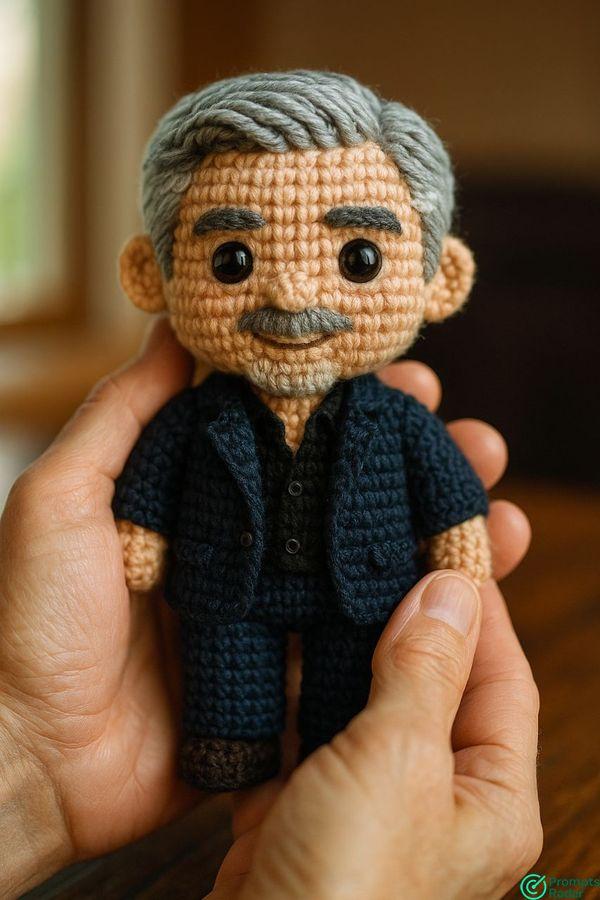 A handmade crocheted yarn doll from your picture with a Chatgpt5 prompt 