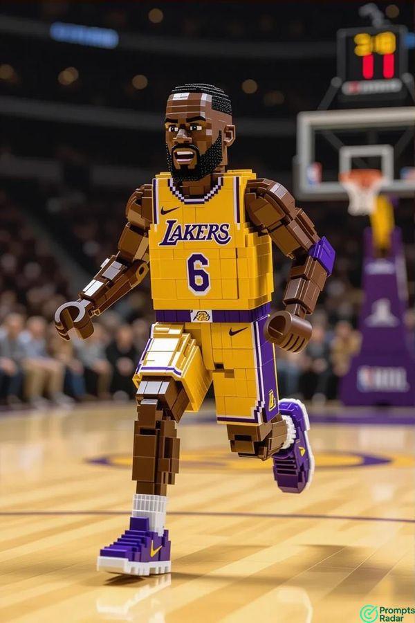 LEGO character in a basketball arena with a tiny ai prompt 