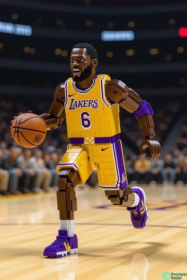 LEGO character in a basketball arena with a tiny ai prompt 