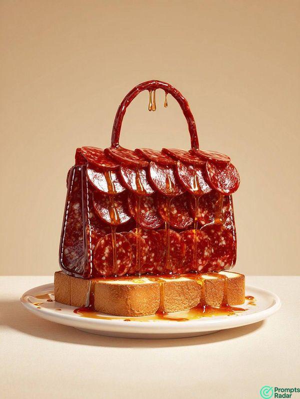 Food photography of a luxury handbag made with Midjourney prompt 