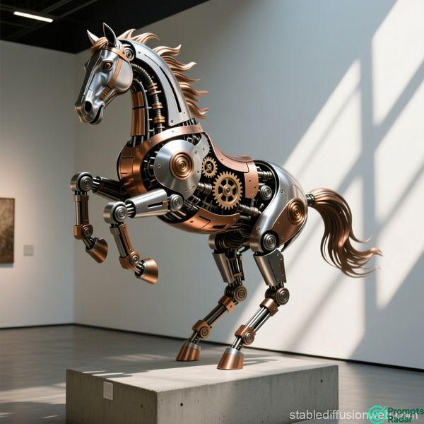 A robotic horse sculpture creation with Stable Diffusion prompt
