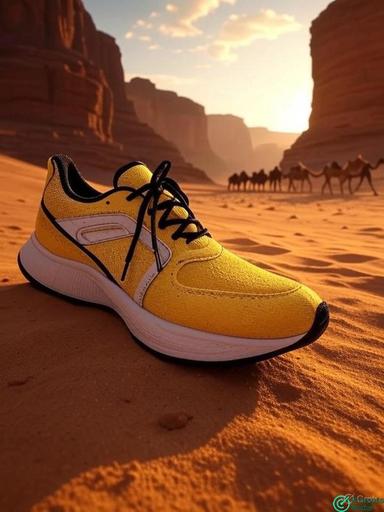 A hyper-realistic advertising scene of a vibrant yellow sports sneaker with Grok prompt 
