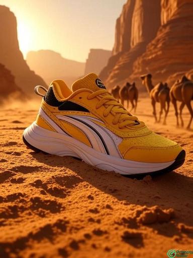 A hyper-realistic advertising scene of a vibrant yellow sports sneaker with Grok prompt 