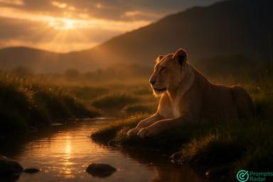 Create a cinematic scene of a lioness in Midjourney prompt