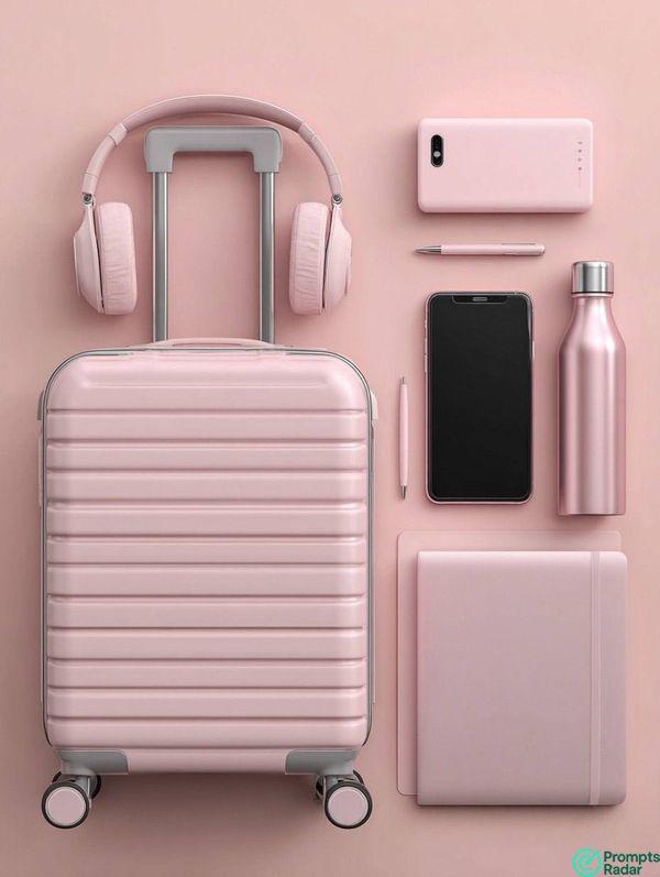 How create a flat lay photo of business travel essentials in Midjourney AI 