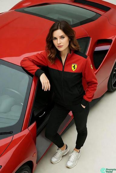 How create prompt for A stylish top-down shot of a woman with a red sports car 🚗