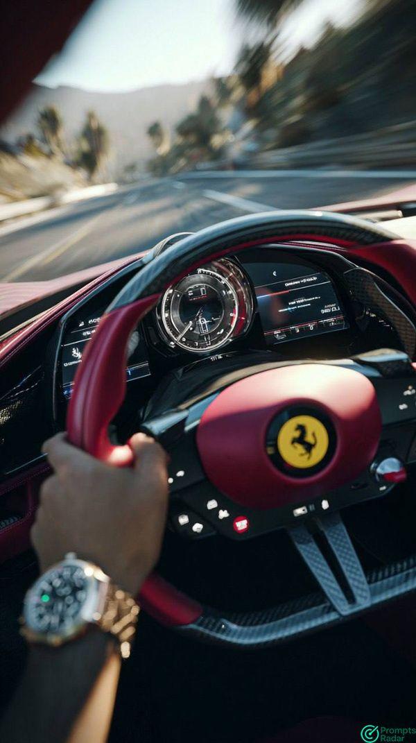 Ultra-realistic cinematic POV shot of your favorite car with Midjourney prompt 