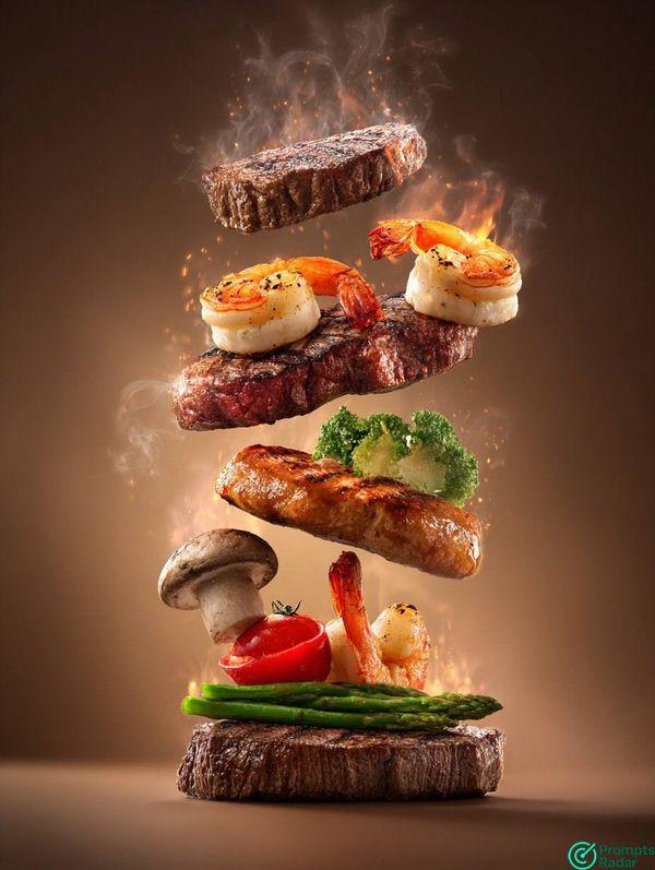 How create a balanced stack of sizzling grilled foods steaks in Midjourney prompt 