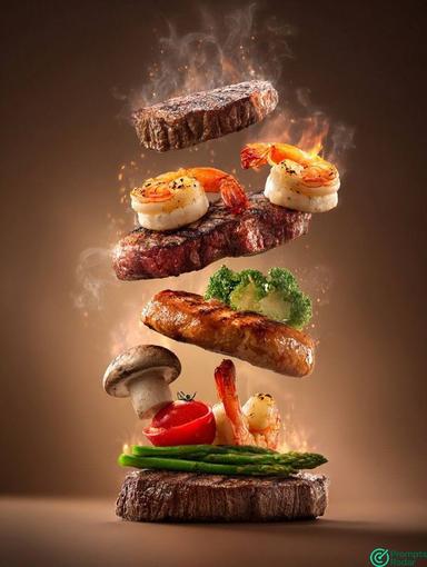 How create a balanced stack of sizzling grilled foods steaks in Midjourney prompt 