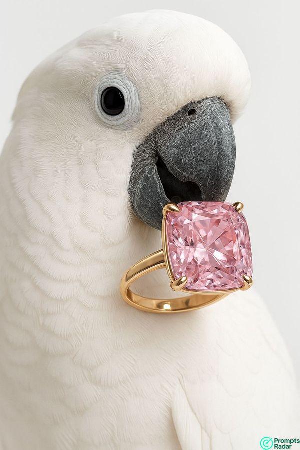 Luxury Macro Portrait of a Cockatoo With Pink Diamond Ring in Chatgpt 5.1 prompt 