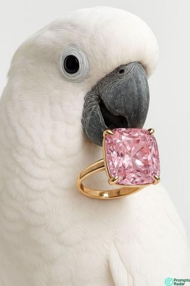 Luxury Macro Portrait of a Cockatoo With Pink Diamond Ring in Chatgpt 5.1 prompt 