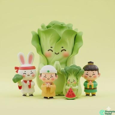 Kawaii Pixar Group Pose: Vegetables, Monk Child, & Bunny in a Chatgpt prompt 