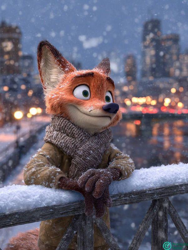 Nick Wilde: Winter City Portrait prompt for 3D character animation with Midjourney AI 