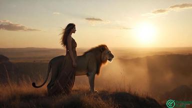 Golden Hour Ridge: Woman and Lion King prompt in Grok imagine 
