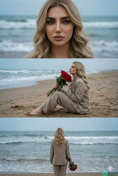 Melancholic Beach Portrait with Red Roses in Gemini 