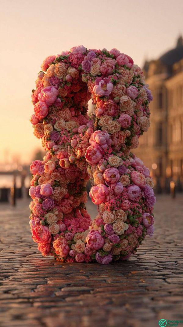 Hyperrealistic Floral Numeral on European Street with an advanced prompt for Midjourney