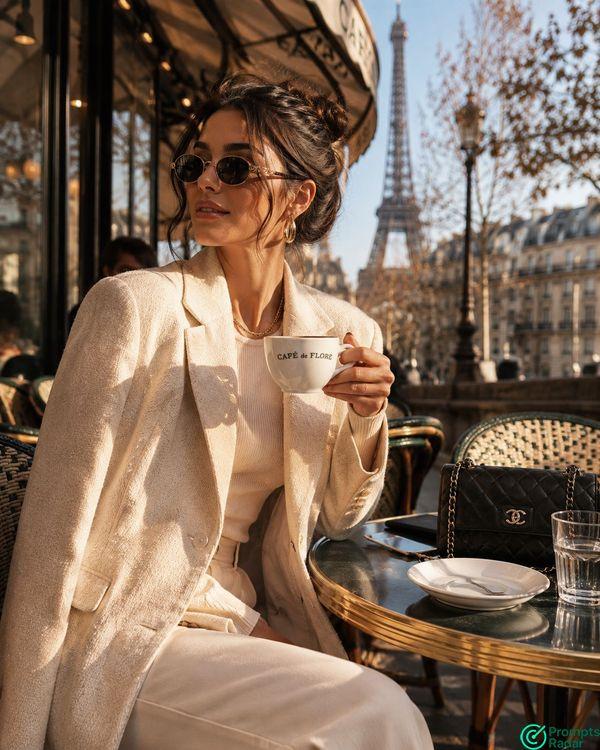 Luxury Parisian Influencer Café Scene prompt for Instagram