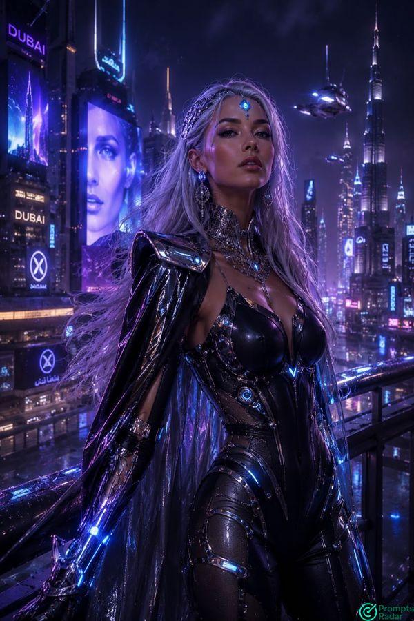 Luxury Cyber Queen Futuristic Dubai Nightlife Editorial AI Art Prompt