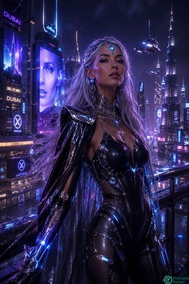 Luxury Cyber Queen Futuristic Dubai Nightlife Editorial AI Art Prompt