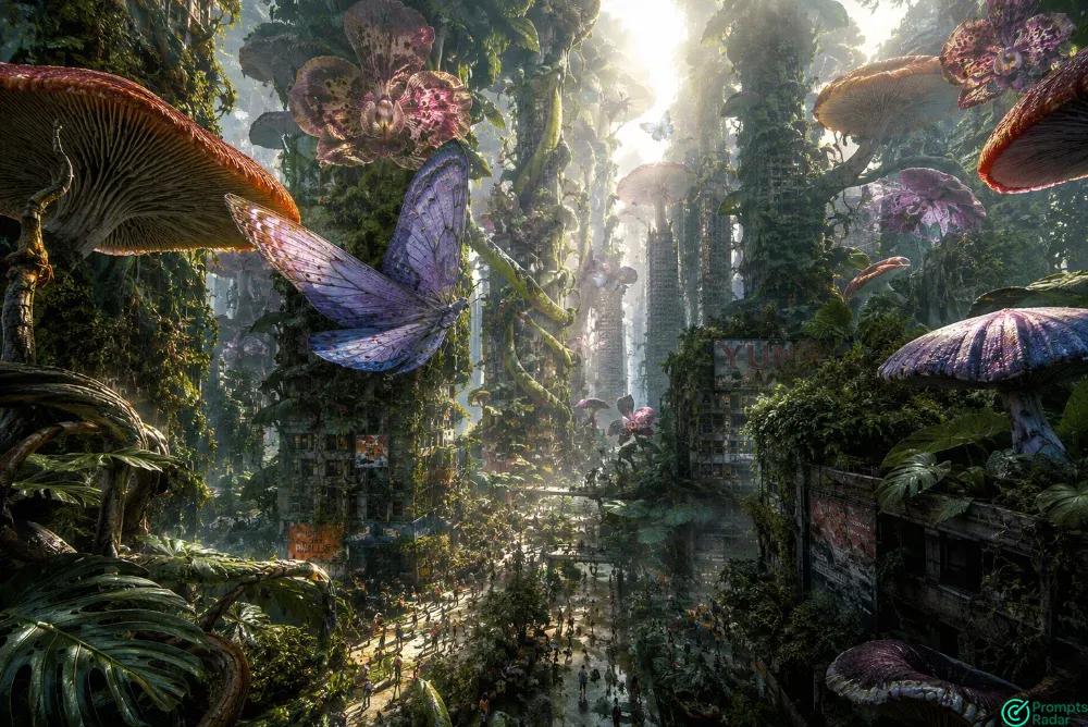 Nature's Gigantic Embrace: Overgrown Cityscape - Photorealistic Art Prompt