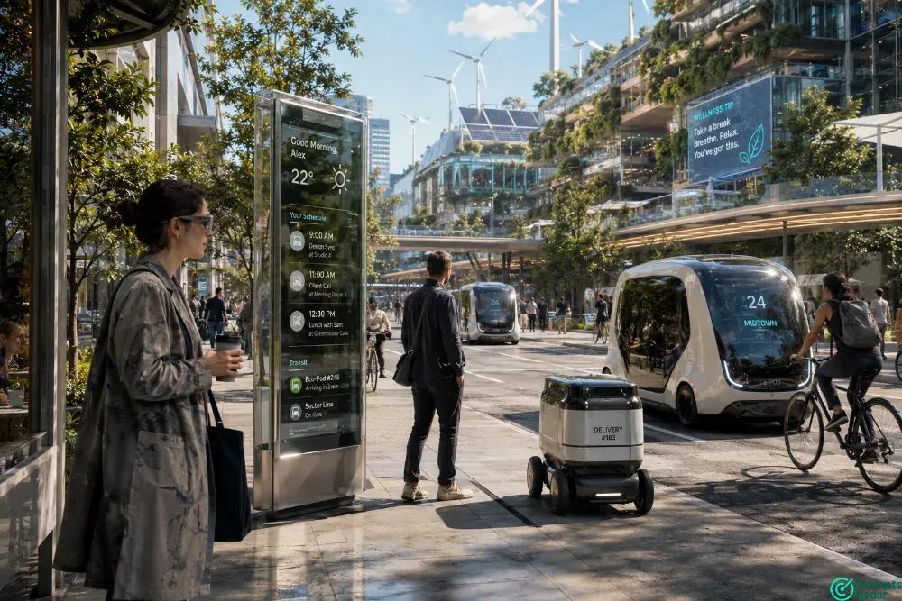 Everyday Futurism prompt: Photorealistic Morning Scene in 2050 Urban Life